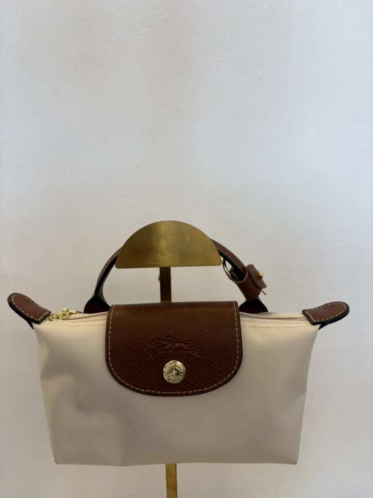 Longchamp Le Pliage mini – cream with brown trim